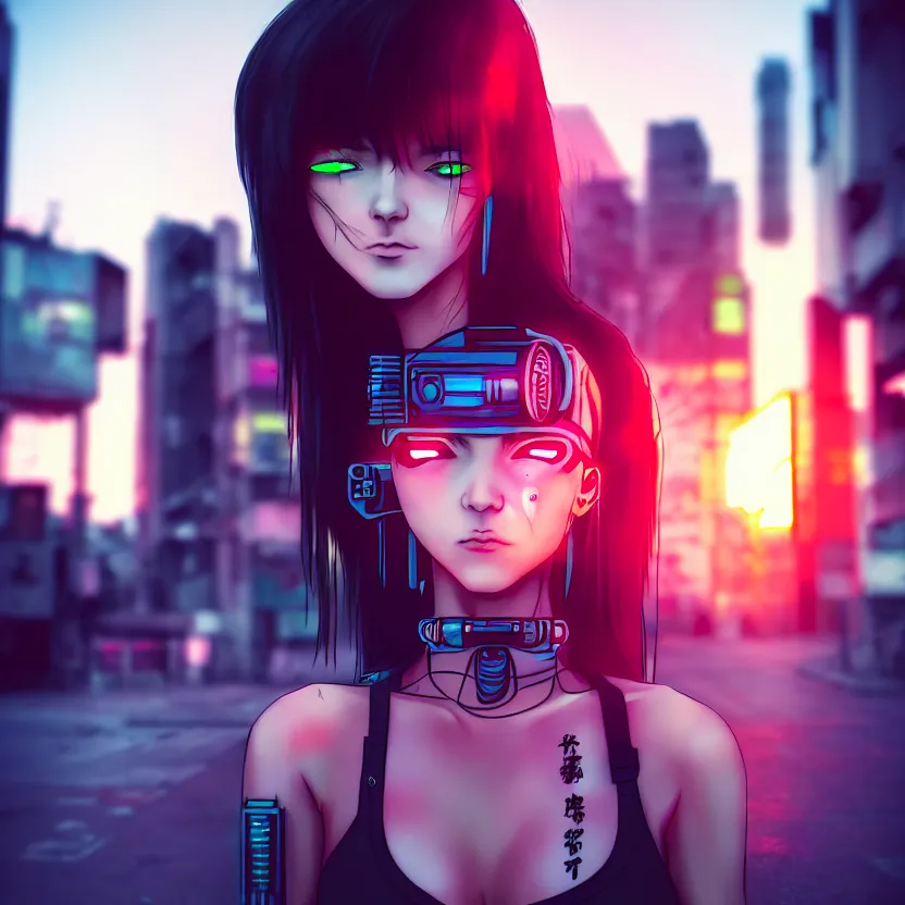 Image similar to a photo close up cyberpunk cyborg girl stands in a cyberpunk hiroshima, prefecture streets, sunset, photorealistic, cinematic lighting, very detailed, style by tomino - sama