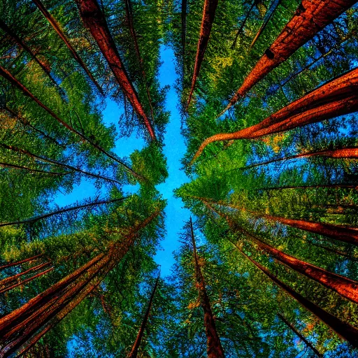 Image similar to looking up at the tops of trees in a forest, an ultrafine detailed painting by jon coffelt, shutterstock contest winner, generative art, multiple exposure, fisheye lens, high dynamic range