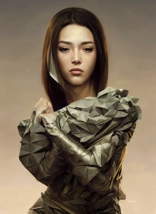 Image similar to a professional painting of a beautiful young female, wearing an origami kimono, olive skin, long dark hair, beautiful bone structure, symmetrical facial features, intricate, elegant, digital painting, concept art, smooth, sharp focus, illustration, from Metal Gear, by Ruan Jia and Mandy Jurgens and Artgerm and William-Adolphe Bouguerea