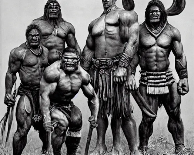 Image similar to hyper realistic group vintage photograph of a warrior orc tribe, tall, muscular, hulk like physique, tribal paint, tribal armor, grain, old