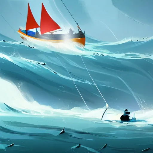 Image similar to Some fishermen struggling not to sink in a small sailboat in the middle of the furious raging ocean, ilustration art by Goro Fujita, concept art, smooth, sharp focus, illustration, ArtStation