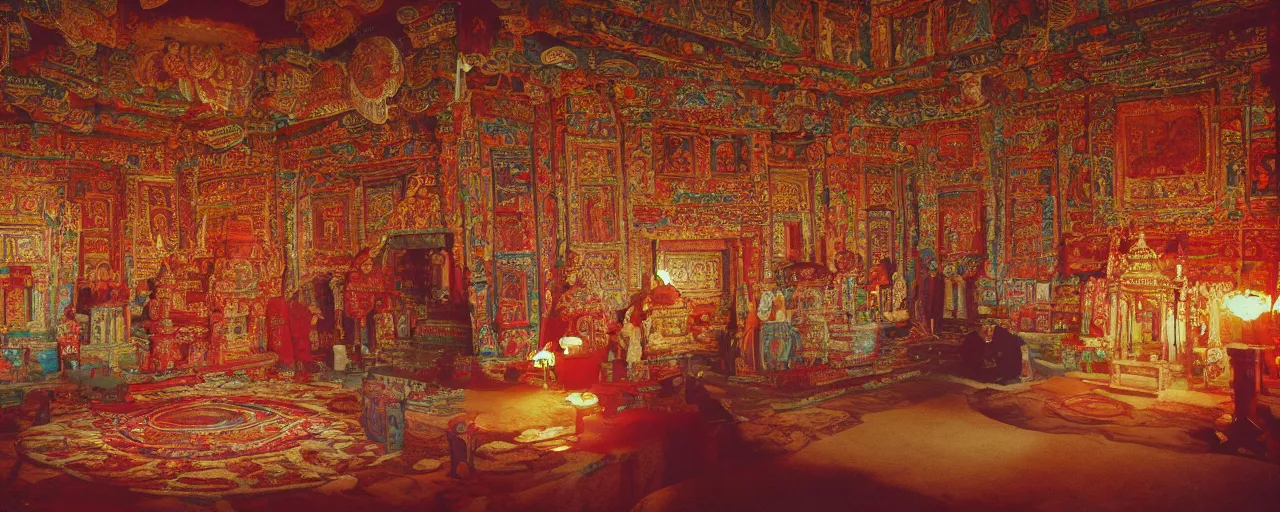 Prompt: an interior of an ancient tibetan temple adorned with intricate spaghetti designs, canon 5 0 mm, cinematic lighting, photography, retro, film, kodachrome, closeup