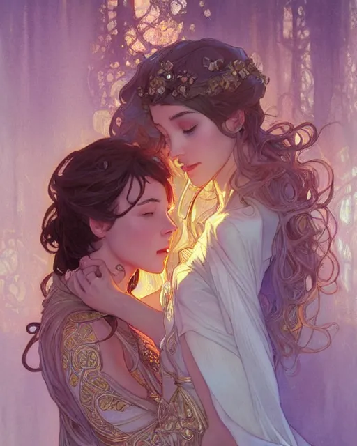 Image similar to secret romance, highly detailed, gold filigree, romantic storybook fantasy, soft cinematic lighting, award, disney concept art watercolor illustration by mandy jurgens and alphonse mucha and alena aenami, pastel color palette, featured on artstation