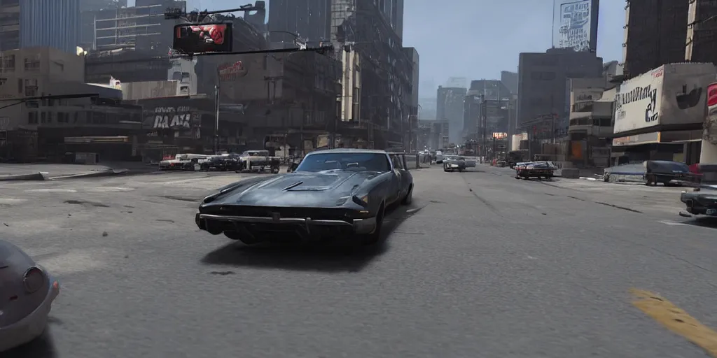 Image similar to movie still 35mm film photograph of a action movie car chase scene in downtown Los Santos, in style of Christopher Nolan, f8 aperture, cinematic Eastman 5384 film