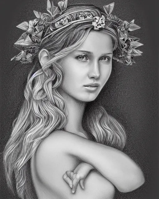 Image similar to pencil drawing of a beautiful greek goddess aphrodite wearing a laurel wreath and arrowhead earrings, beautiful confident eyes, beautiful flowing hair, hyper realistic face, in the style of artgerm, fantasy, amazing detail, epic, elegant, smooth, sharp focus, from the front, long shot