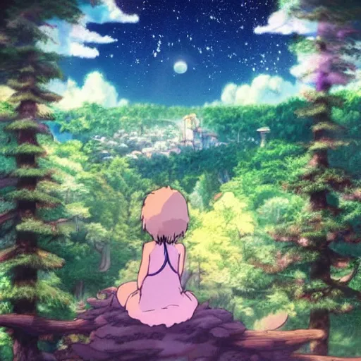 Image similar to in studio ghibli, moving castle, photo realistic, forest with detail, little girl dreaming with beautiful sky, aurora, supernova