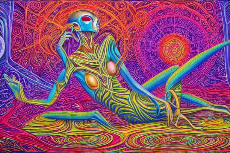 Prompt: a painting of an elegant alien relaxing alone by alex grey, flooko, vibrant, detailed, ethereal,