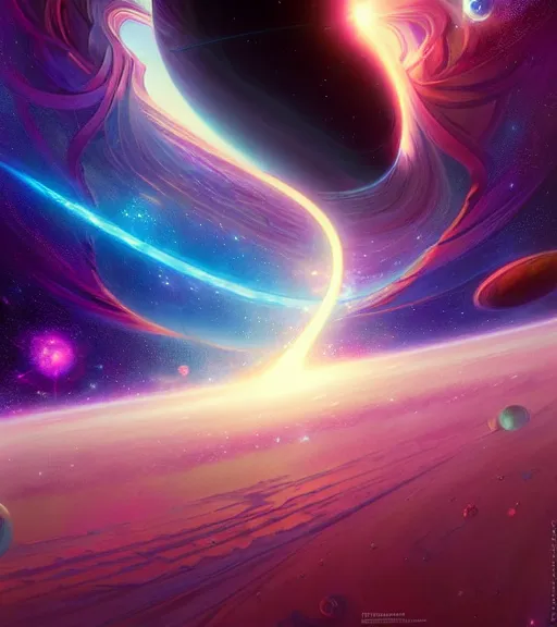 Prompt: cosmic travelers, planets and stars, psychedelic blackhole swirled imagery by artgerm, cushart krenz, greg rutkowski, mucha. space art. lucien rudaux, cosmos, vivid colors, sharp edges. ultra clear detailed. 8 k. elegant, intricate, octane render
