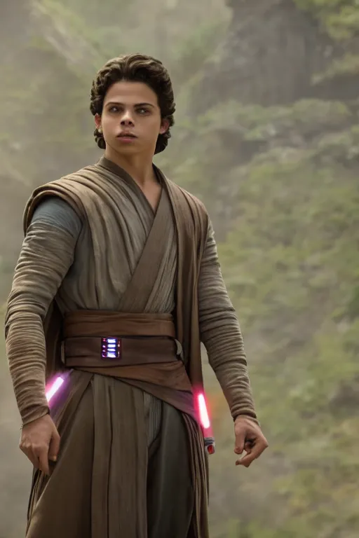 Image similar to jake t. austin as a jedi in star wars the rise of skywalker, 3 5 mm photography, highly detailed, cinematic lighting, standing pose, holding lightsaber 4 k