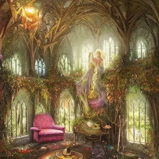 Image similar to a beautiful interior of a fairy castle's hall,, fully decorated, furnished with fairy furniture, fairy aesthetics, fairy lights, fairycore!!! magical realism, fantasy nvironment art by scot howden, greg rutkowski, and elena dudina. high details, magical and in soft colour palette, dreamy