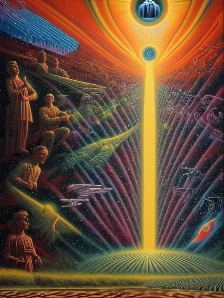 Image similar to a beautiful future for human evolution, spiritual science, divinity, utopian, by david a. hardy, wpa, public works mural, socialist