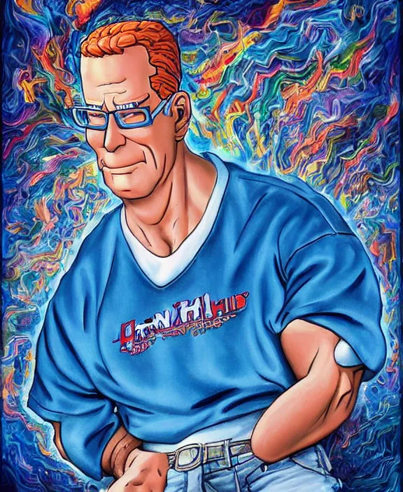 Image similar to normal hank hill wearing bluejeans and white tshirt, the god of propane, blue flames, propane tanks, magic realism, art by mike judge, art by josephine wall, art by huang guangjian, art by viktoria gavrilenko, art by amanda sage, trending on artstation