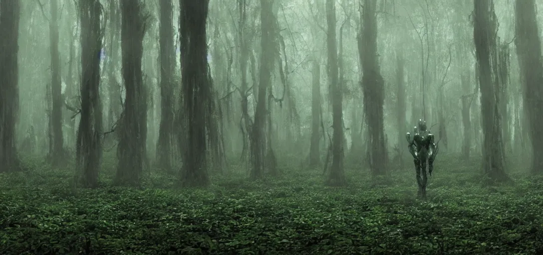 Prompt: a complex organic fractal 3 d metallic symbiotic ceramic humanoid megastructure eldritch horror in a swampy lush forest, foggy, cinematic shot, photo still from movie by denis villeneuve