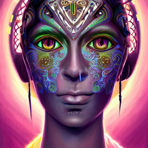 Prompt: portrait of a future metaverse Ayahuasca tech shaman warrior, 2D cartoon, visionary art, symmetric, Magick symbols, holy halo, shipibo patterns, sci-fi, concept art, trending on art station, 8k digital art, by Mandy Jurgens, fantasy portrait art, anime