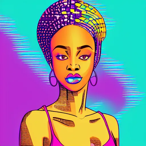 Prompt: a portrait of a beautiful african woman, in retro colors, synthwave style, 2 d digital vector art