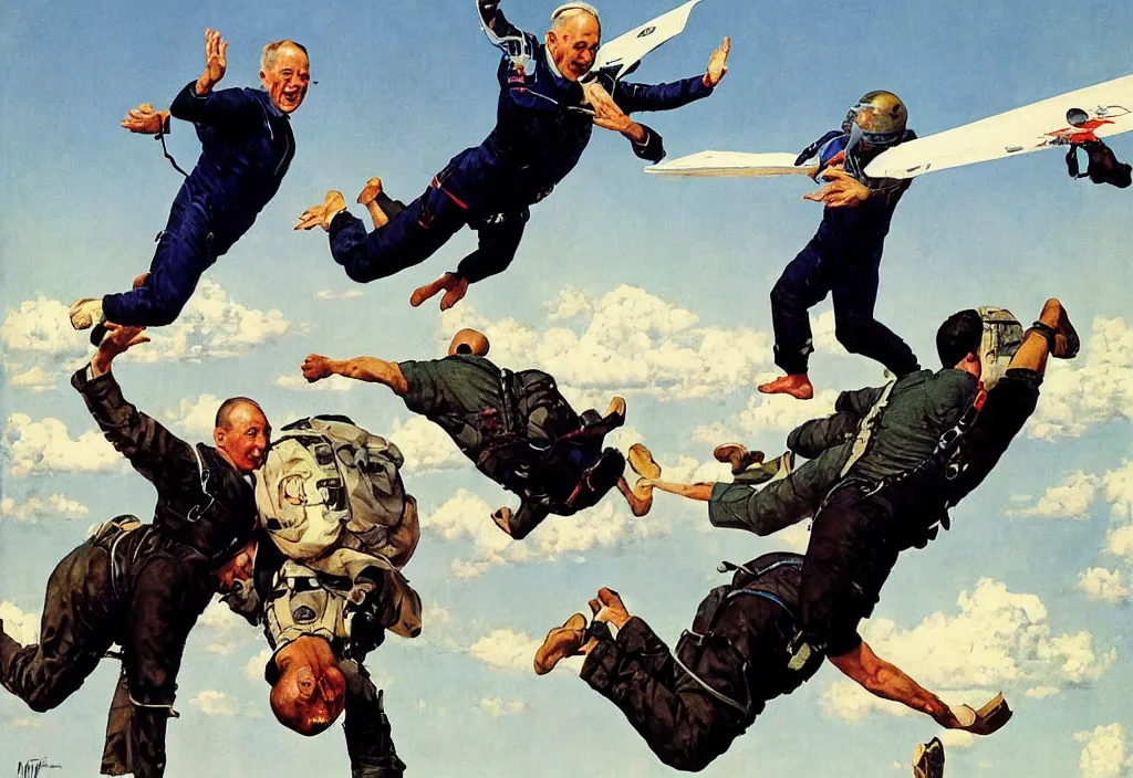 Image similar to benjamin netanyahu skydiving, plane and parachute in background, by norman rockwell, highly detailed