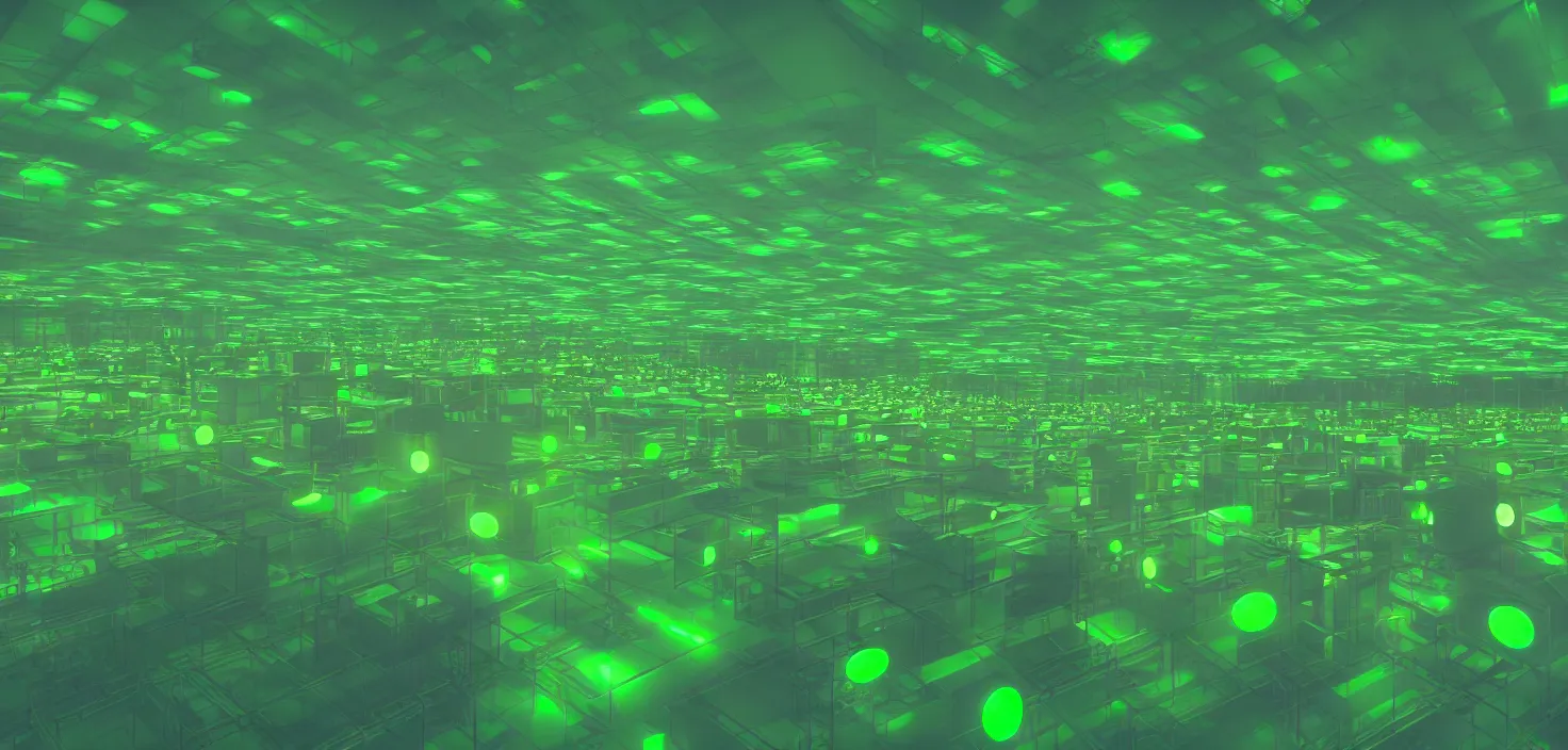 Prompt: a large room filled with lots of green lights, a computer rendering by mike beeple winkelmann, cg society contest winner, computer art, rendered in cinema 4 d, rendered in unreal engine, octane render