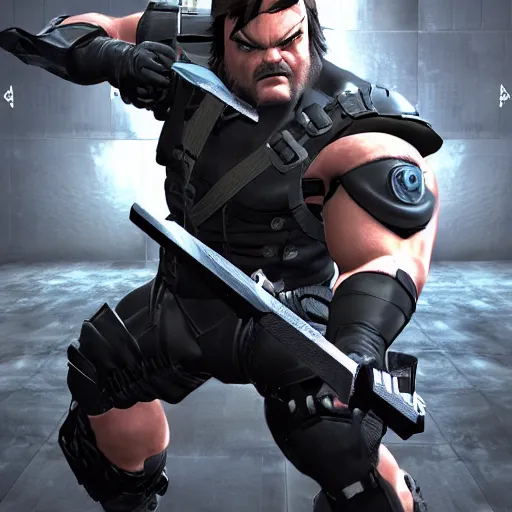 Image similar to Jack Black as a Metal Gear Solid Villain 2005 JRPG cinema 4d render, Ray tracing reflection, natural lighting, Unreal Engine award winning photography