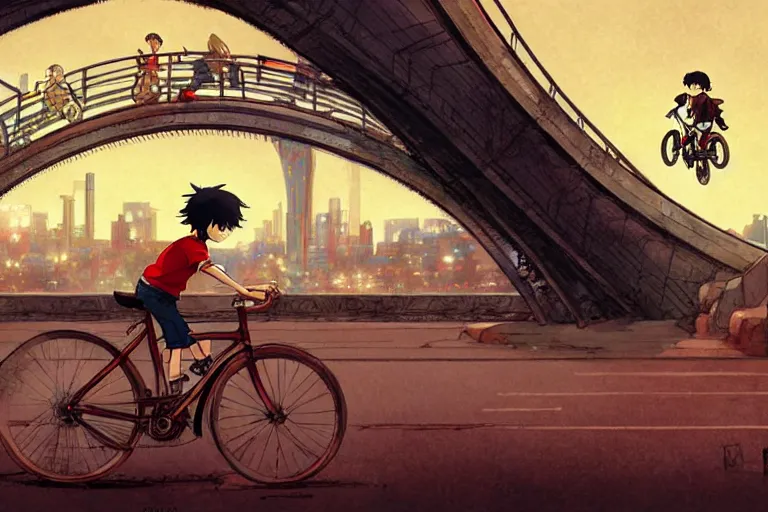 Image similar to a boy riding his bike giant red bridge, high intricate details, rule of thirds, golden ratio, cinematic light, anime style, graphic novel by fiona staples and dustin nguyen, by beaststars and orange, peter elson, alan bean, studio ghibli, makoto shinkai