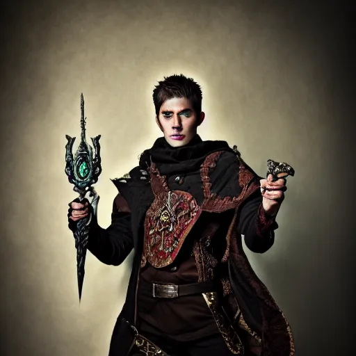 Image similar to portrait of a male warlock with dagger on it's hand, fantasy, D&D, HDR, natural lighting , award winning photograph, 8k, Mucha style,