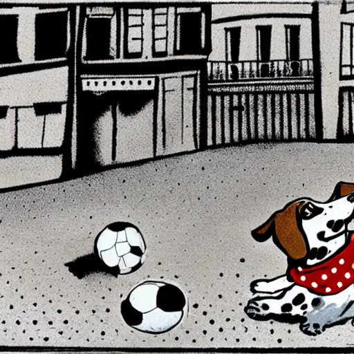 Image similar to illustration of french boy on the streets of paris playing football against a corgi, the dog is wearing a polka dot scarf, comic, 1 9 7 2