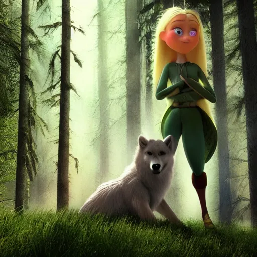 Image similar to medium shot young girl, blond hair green eyes, astride a gray wolf, in a dark forest, mysterious, backlit, perfact face, beautiful still from a pixar dreamworks movie, trending on artstation