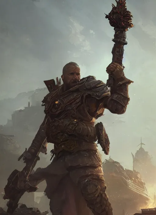 Image similar to portrait of man holding a scepter with a tank in the background, d & d, heartstone, digital painting, volumetric light, intricate, sharp, focus, bloom, illustration, highly detailed, concept art, matte, ruan jia, randy vargas, greg rutkowski