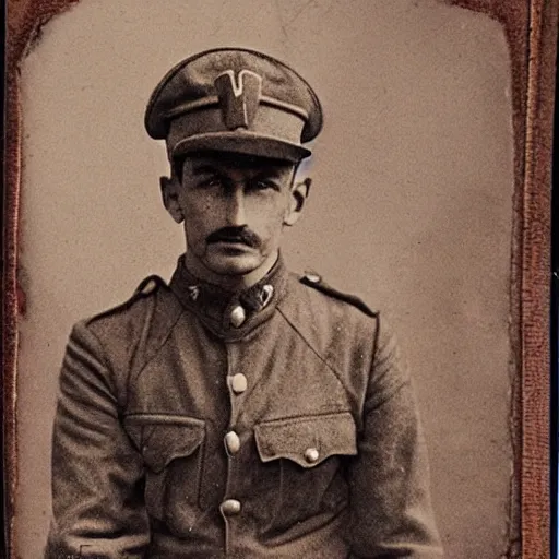 Image similar to Luigi as a world war I soldier, photograph, colorized, damaged