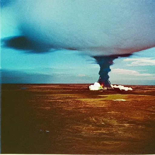 Prompt: “nuclear explosion photography, mushroom cloud, end of the world, cinestill 800t, in the style of William eggleston”