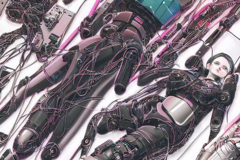 Image similar to a finely composed cyberpunk illustration of a group of female androids in style of hajime sorayama, lying on an abstract, empty, white floor with their body parts scattered around and cables and wires coming out, by katsuhiro otomo and masamune shirow, hyper-detailed, intricate, colorful, view from above, wide angle, close up, beautiful