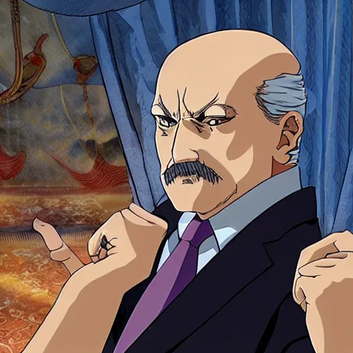 Image similar to alexander lukashenko as a main villain in anime in style of hayao miyazaki