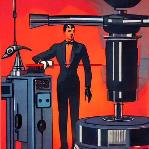 Image similar to man in futurist 6 0 ´ s lab, machines and futurist robots, red lights, leyendecker style, black suit, futurism