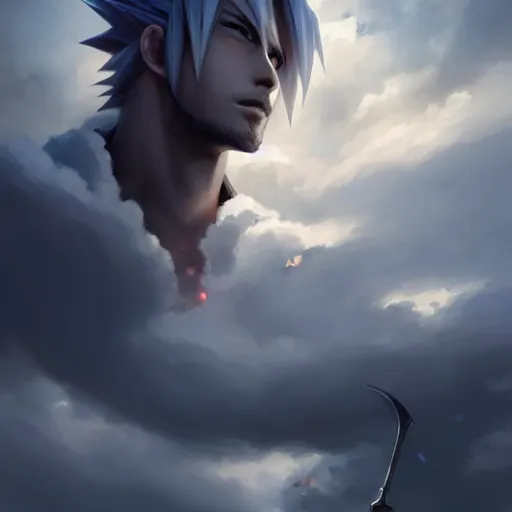 Prompt: thundercloud with a cloud strife's face on it, trending on artstation, high contrast, highly detailed, epic, 4 k, artstation, greg rutkowski, makoto shinkai, beautiful sky