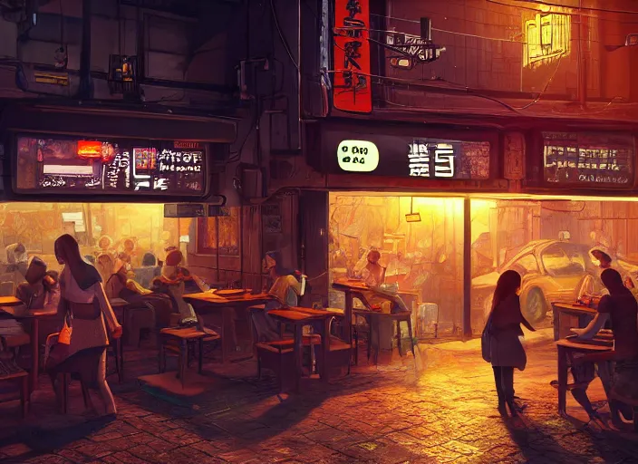 Image similar to seen through a window!! a small cozy ramen restaurant in a busy thriving cyberpunk street at night, trending on cgsociety, unreal engine, 4 k wallpaper