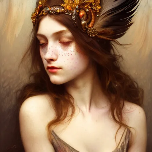 Image similar to portrait of a girl with feathers on her face, face, fantasy, intricate, elegant, dramatic lighting, highly detailed, lifelike, photorealistic, digital painting, artstation, concept art, smooth, sharp focus, illustration, art by John Collier and Krenz Cushart and Artem Demura and Alphonse Mucha and and Albert Aublet