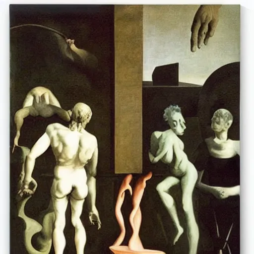 Image similar to the problem of evil, philosopy, by de chirico, by dali, by paula rego, by neo rauch