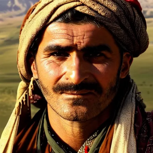 Image similar to Close up of a Kurdish shepherd wearing traditional Kurdish clothes in a movie directed by Christopher Nolan, movie still frame, promotional image, imax 70 mm footage