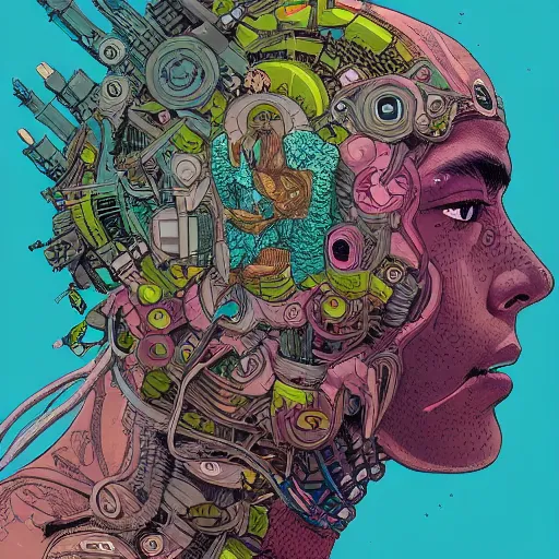 Prompt: hyper detailed comic illustration of a beautiful flower growing out of the head of a young mixed race explorer's head, cyberpunk headpiece, intricate details, vibrant, negative space, quadrant framing, by Josan Gonzalez and Geof Darrow, highly detailed, 8k wallpaper