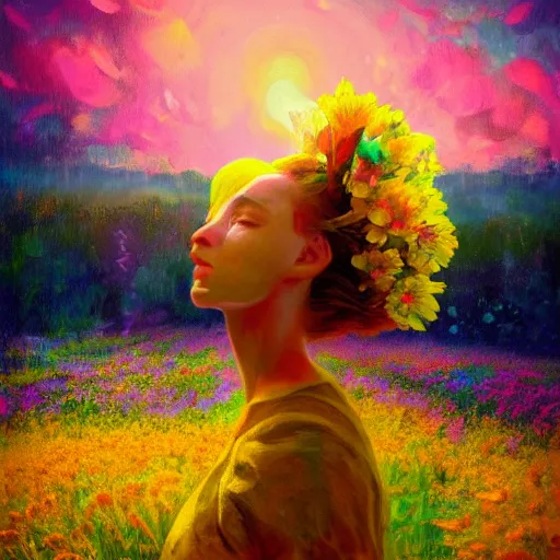 Image similar to girl with an blooming flower for a face, surreal photography, dream, standing in flower field, magical, in a valley, sunrise dramatic light, impressionist painting, colorful clouds, artstation, simon stalenhag, exploding flower face