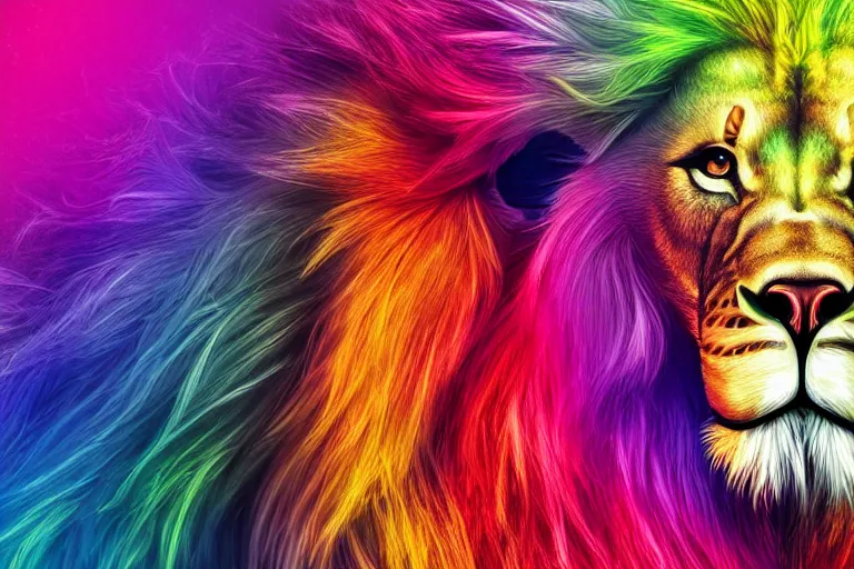Prompt: Portrait of an anthropomorphic lion with rainbow colored mane, 4K, high contrast, highly detailed
