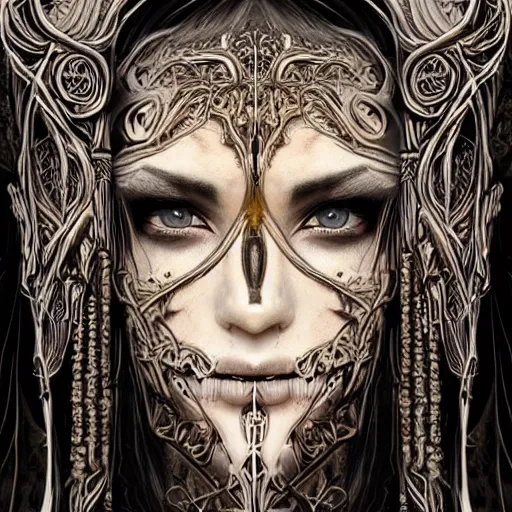 Prompt: ancient hybrid majestic praying shaman fantasy cyber human beautiful symmetrical face mask closeup face mask tattoo pattern golden ratio concept, deep forest psytrance Neo-Gothic concept, infinity glyph waves, intricate artwork masterpiece, very coherent artwork, cinematic, full frontal facial features by Artgerm