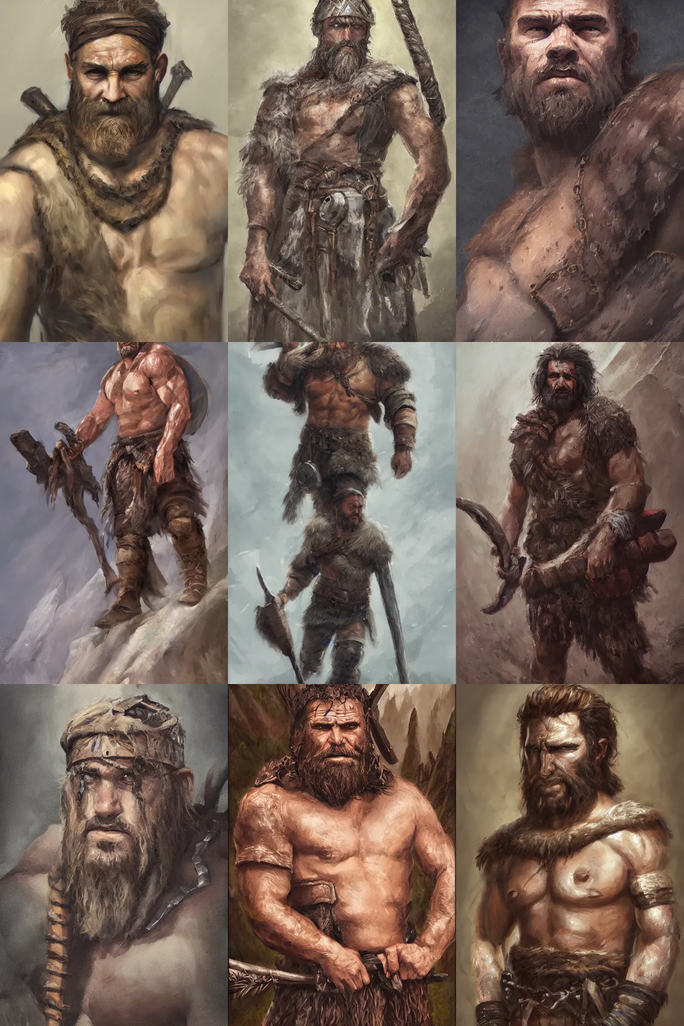 Image similar to a full body fantasy portrait oil painting illustration of a single rugged stoic barbarian man by Justin Sweet with face and body clearly visible, d&d, rpg, forgotten realms, artstation trending, high quality, sombre mood, artstation trending, muted colours, no crop, entire character,