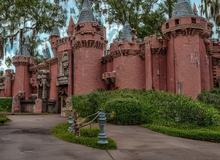 Image similar to cinematic shot of the outside of the Disney world park, shut down, abandoned, Florida, out of business, castle is falling apart and rusted, got shut down, kids place, liminal spaces, backrooms, empty, overgrown with weeds, crumbling castle, destroyed castle, completely obliterated, Disney world, Disney land, theme park, roller coasters, Disney, old and dirty, water damage, garbage