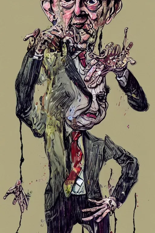 Image similar to George Soros full body shot, dollar bills Body horror, biopunk, by Ralph Steadman, Francis Bacon, Hunter S Thompson