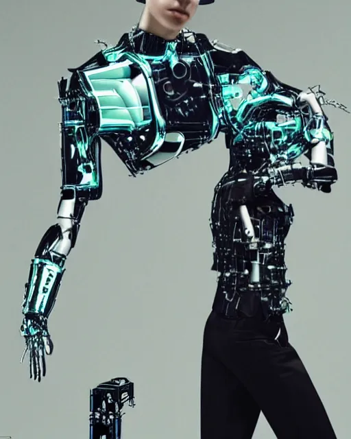 Image similar to leaked screenshot of Balenciaga campaign for the year 2032, cybernetic fashion