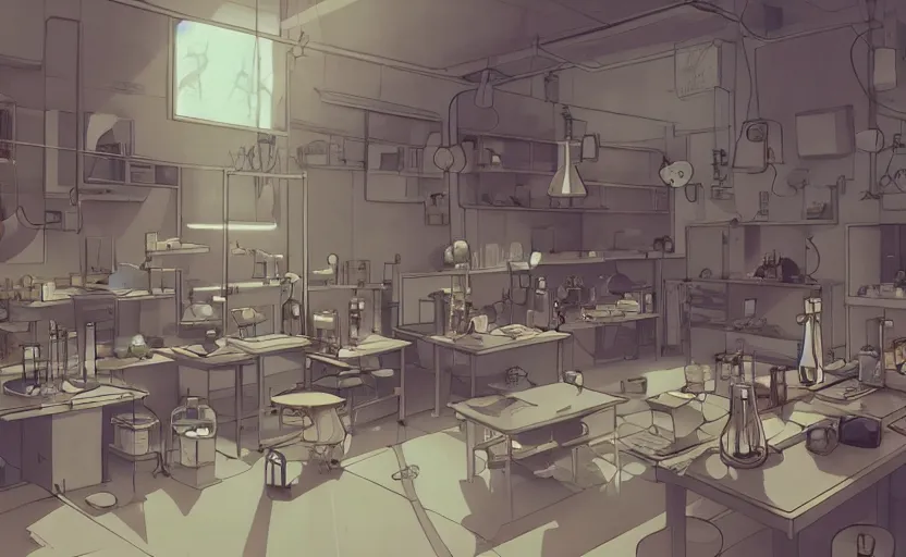 Image similar to a bio laboratory, crystal lights, mysterious atmosphere, cel - shading, cinematic, artstation, studio ghibli, miyazaki, highly details