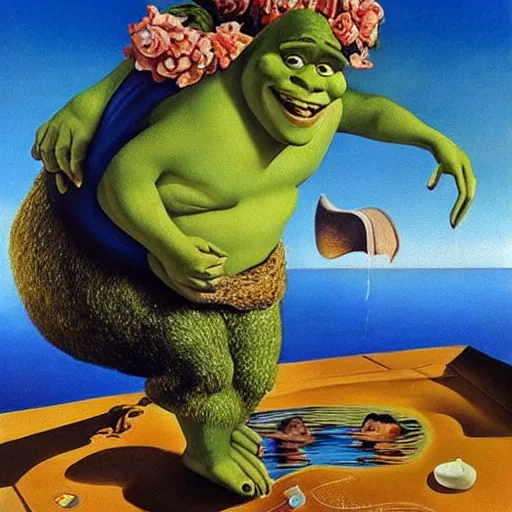 Prompt: shrek taking a dip in the pool on a lovely summer's day, surreal Salvador dali painting (1932), oil painting