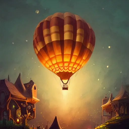 Prompt: a beautiful stunning fantasy whimsical matte digital illustration of a hot - air balloon race at night by marc simonetti and anato finnstark, disney steampunk, chiaroscuro magical bokeh moon stars, trending on artstation hq, masterpiece