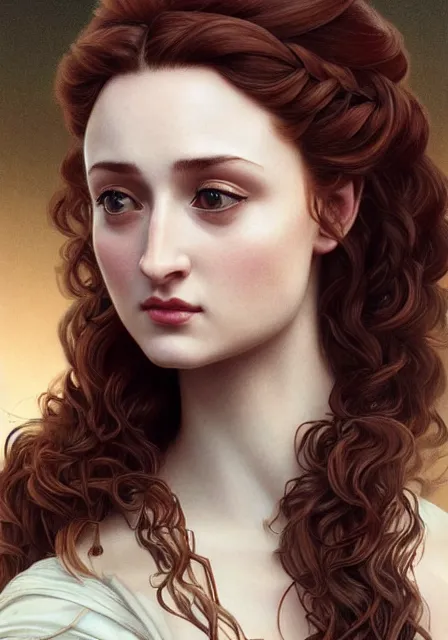 Image similar to sansa portrait in profile with a complex hairstyle with lots of curls, intricate, elegant, highly detailed, digital painting, artstation, concept art, smooth, sharp focus, illustration, art by artgerm and greg rutkowski and alphonse mucha and william - adolphe bouguereau