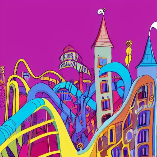 Image similar to fanciful city filled with curvy buildings, by dr seuss, oh the places you'll go, arches, platforms, towers, bridges, stairs, colorful kids book illustration